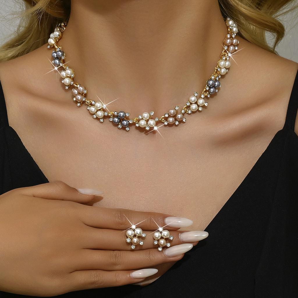 Pearl Earrings Necklace Bracelet Three-Piece Women'S Jewelry Set Dress Accessories