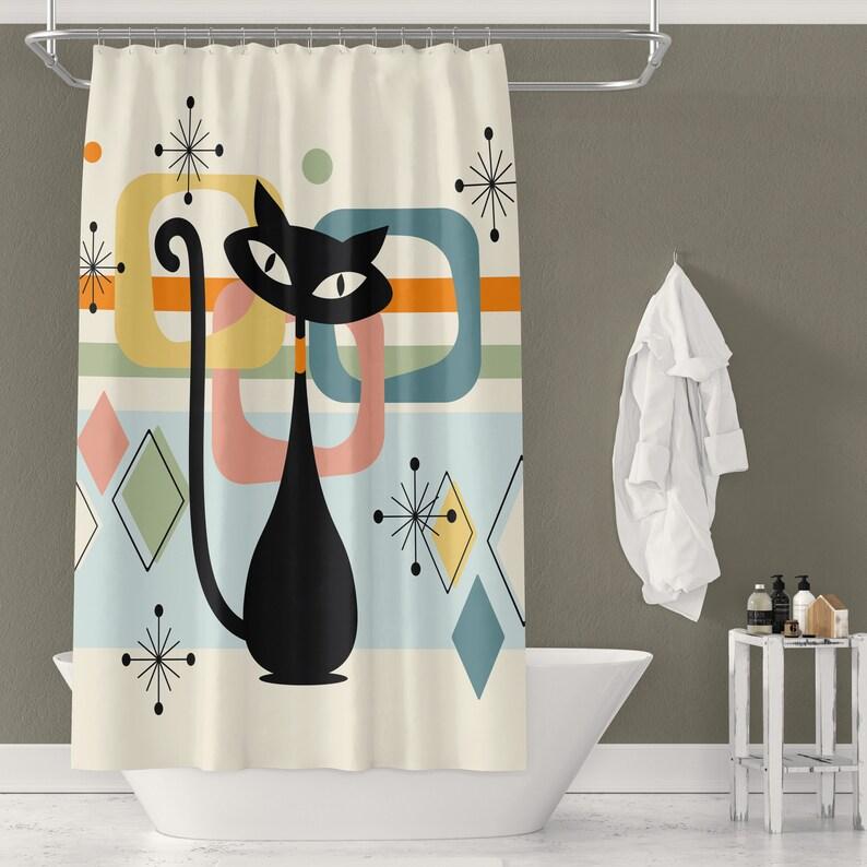 Mid-Century Modern Atomic Cat Shower Curtain - Light Beige Design, Unique Wedding & Housewarming Gift