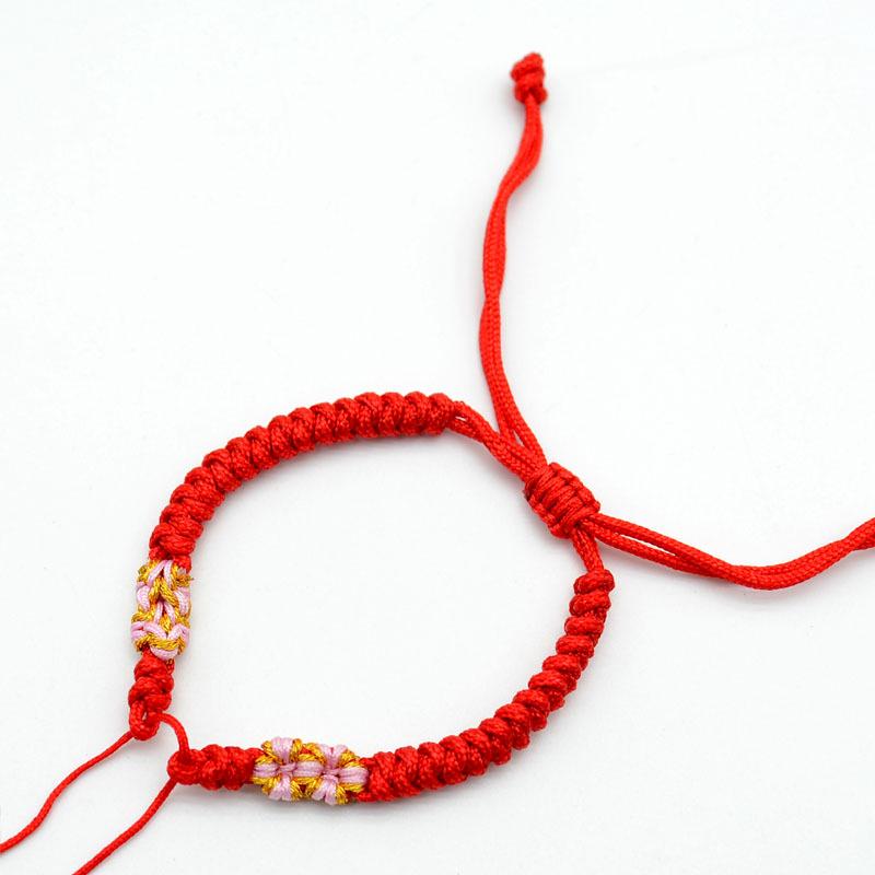 Handwoven Peach Blossom Knot Bracelet with Silver Peace Buckle and Optional Beads