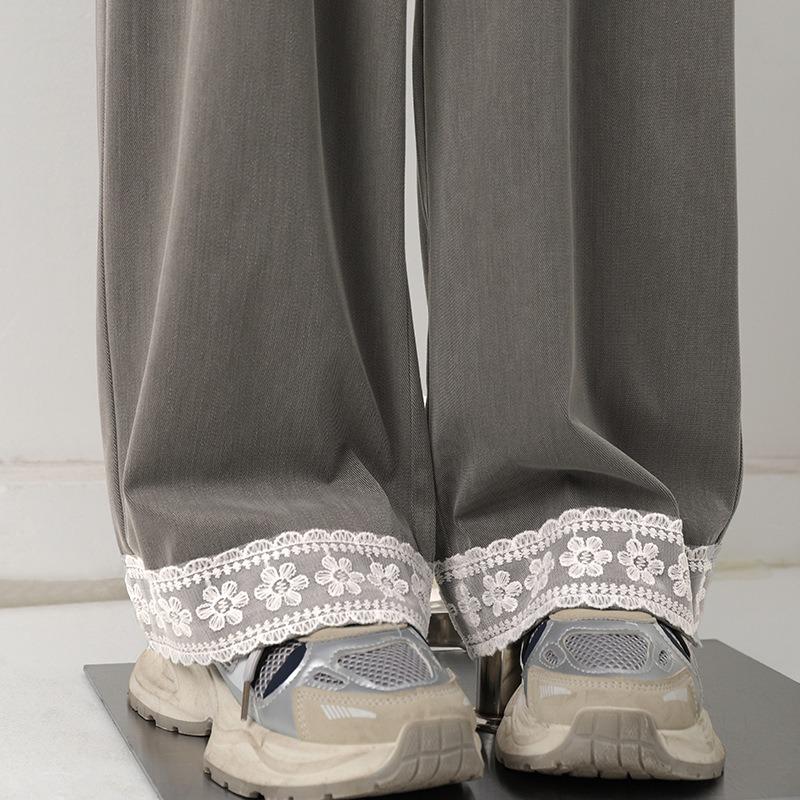 Tencel denim straight-leg pants women's spring and summer new high-waisted and thin small lace casual wide-leg pants