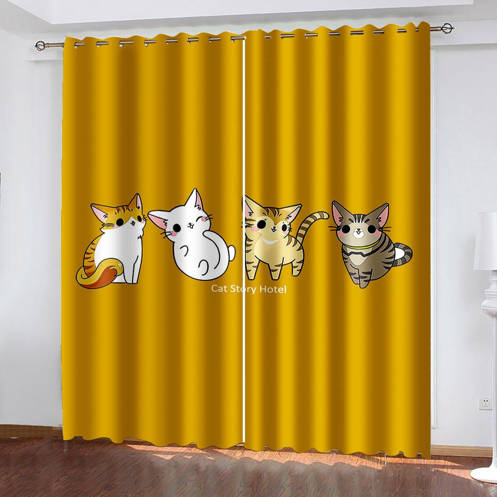 Polyester Window Curtain for Bedroom and Living Room, 2 Panel Decor Hooks, Black Cute Cat, Thin Shading, 130x240, Free Shipping