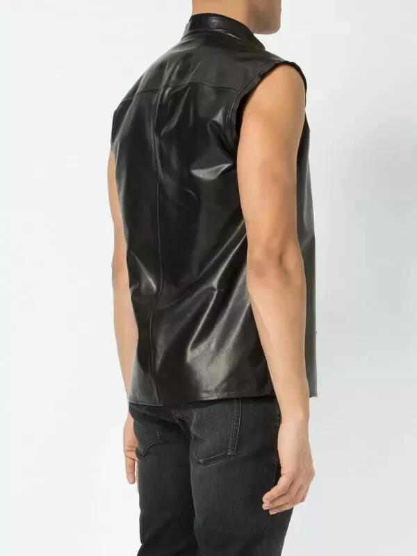 Men's Genuine Lambskin Leather Black Sleeveless Shirt Handmade Biker Stylish