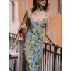 Summer New Product Women's Clothes French Oblique Cut Version Silm Slim Looking Lemon Printing Strap Length Dress