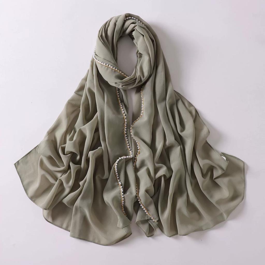 New Pearl Chiffon Hijab Scarf Copper Chain With Black Crystal Pearls Women Muslim Fashion Hijabs For Women Ramadan Turban Femme