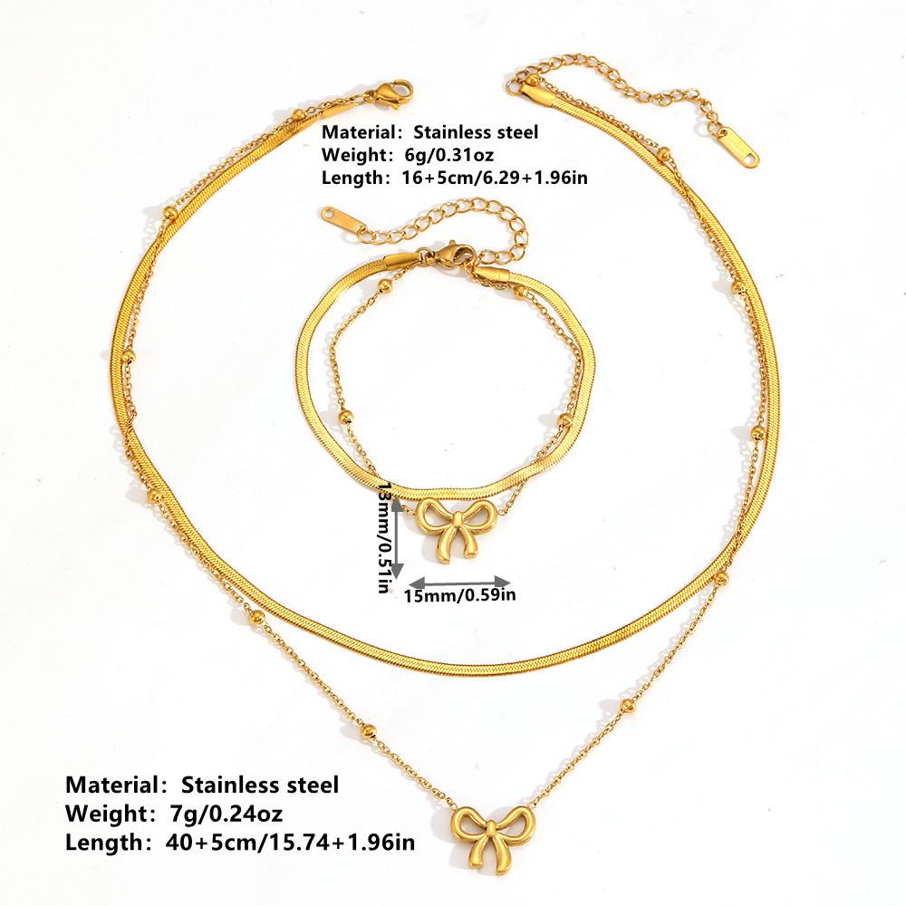 Cross Stainless Steel Double-Layer Bow Knot Anklet with Colorfast 18K Electroplated Bead Clasp
