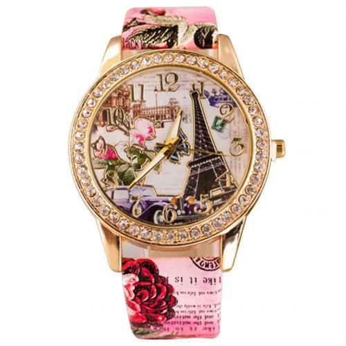 Women Rhinestone Inlaid Flower Round Dial Faux Leather Band Quartz Wrist Watch Fashion Quartz Wrist Watch Women