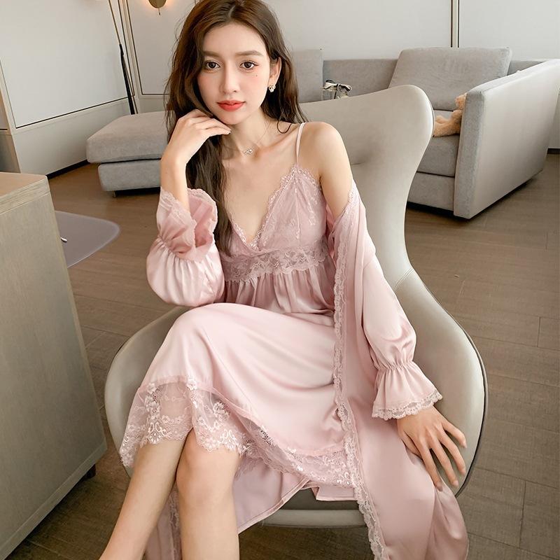Neuer französischer reiner Wunsch-Wind-Pyjama mit Brustpolstern für Damen, langärmelig, Netzgarn, durchbrochene Träger, Schlaf + Herbstanzug, Loungewear