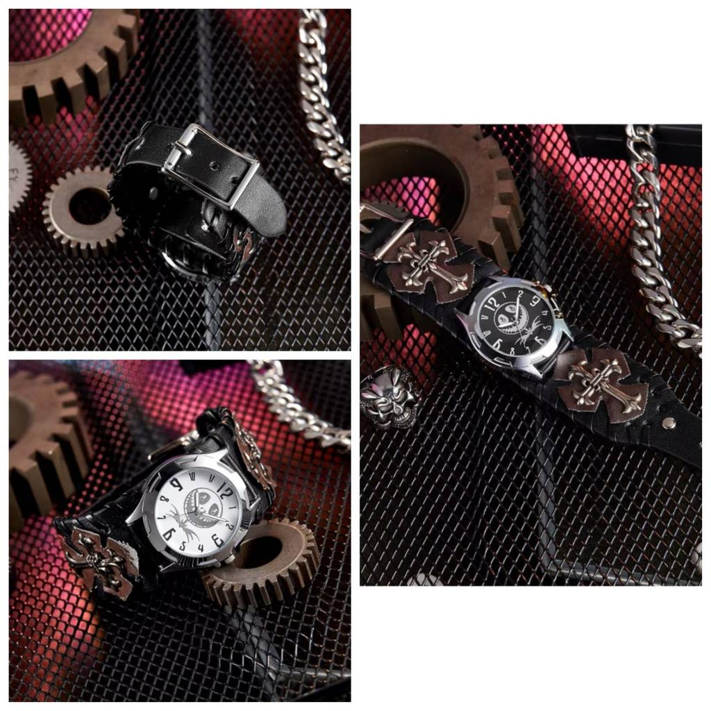 Retro Vintage Street Hip Hop Punk Rock Gothic Biker Uhr Quarz Stud Wasserdicht Männer PU Leder Armband Niet Ghost Skull Halloween