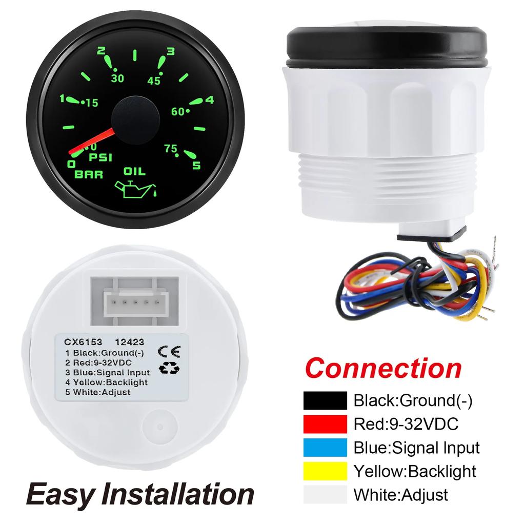 Marine Car Boat 52mm Oil Pressure Gauge+Sensor 0-5Bar 0-10Bar 7 Color Backlight Oil Press Meter Oil Press Indicator 12V/24V