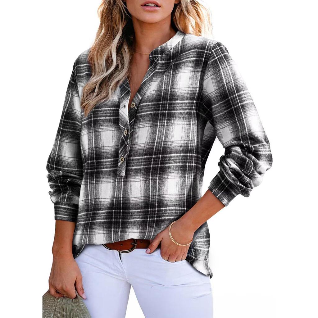 Ladies' V-neck Plaid Shirt, Fashionable Casual Button Up Top