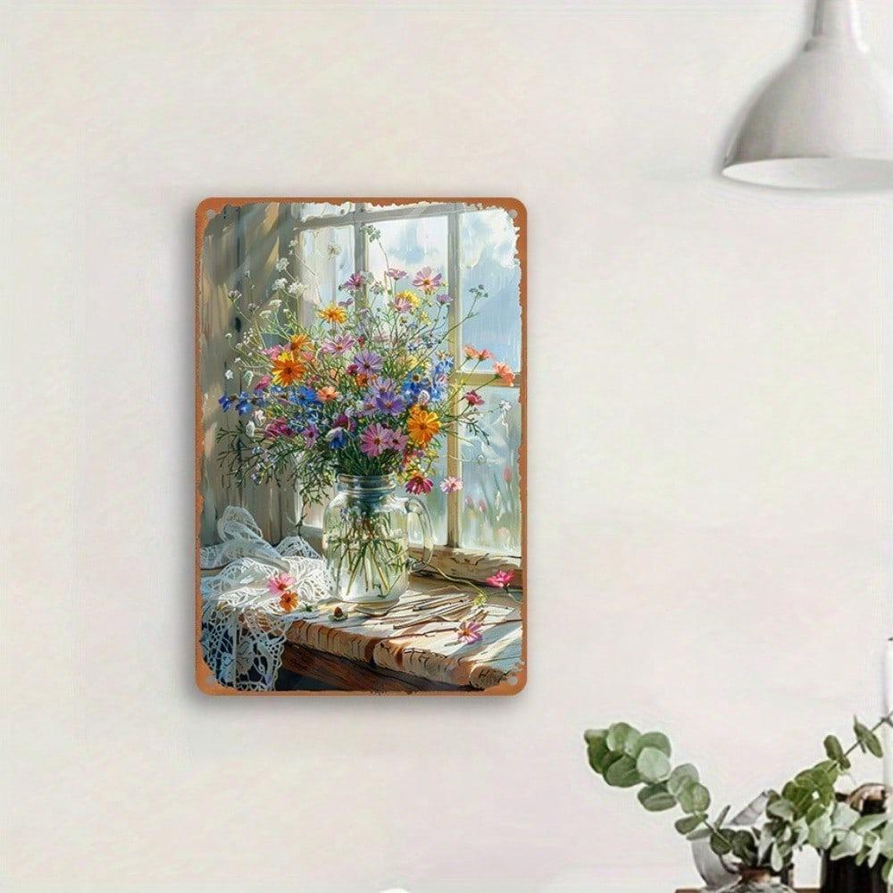 Metal Vintage Floral Wall Art Rustic Home Decor Farmhouse Kitchen Sign Retro Vase Hanging