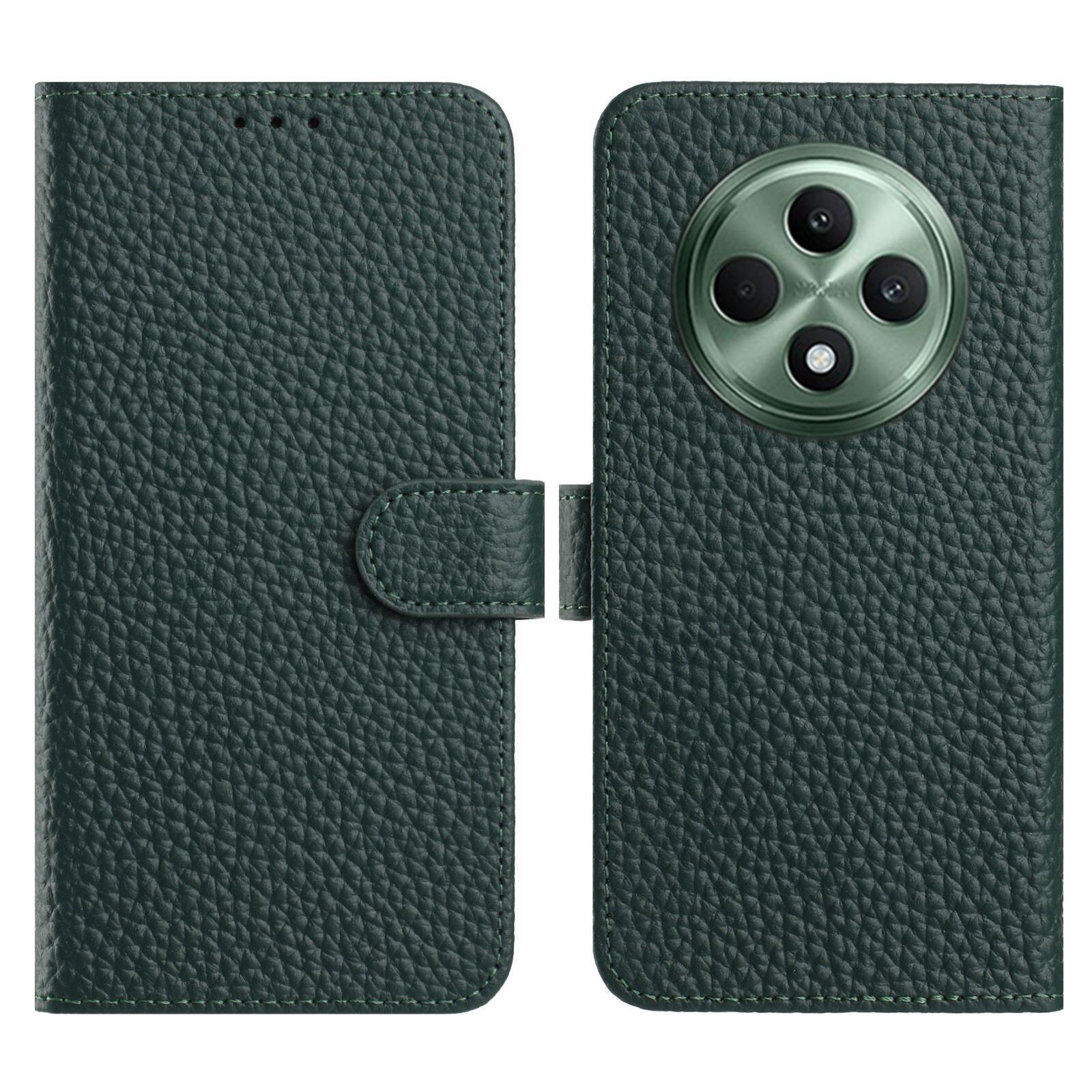

For Oppo Reno12 F 5G Case Wallet Stand Litchi Texture Genuine Cow Leather Flip Phone Cover Green
