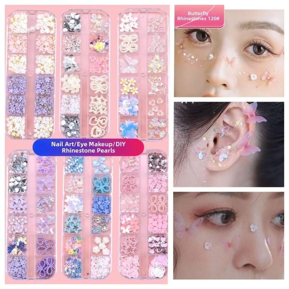 12 Grids Mix Styles Nail Charms Shiny Rhinestones 3D Butterfly Nail Art Decor Pearl Sweet Bow Flower Nail Ornaments DIY