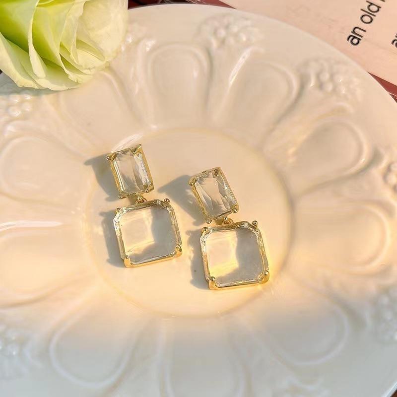 Retro Hong Kong Style High-end Transparent Gemstone Geometric Earrings