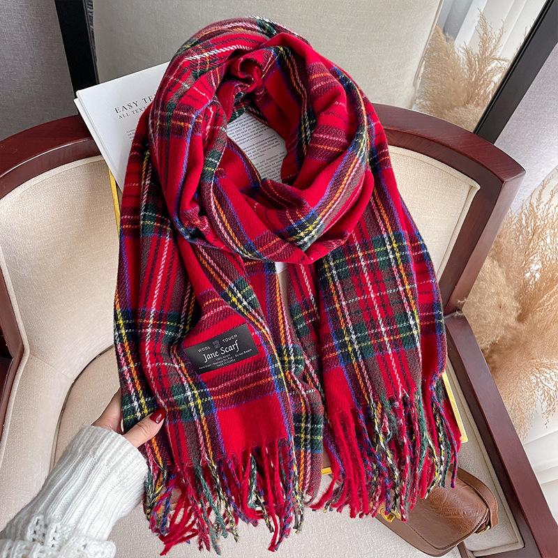 Green scarf women's autumn and winter versatile imitation cashmere thickened plaid shawl to keep warm students dual-purpose scarf men