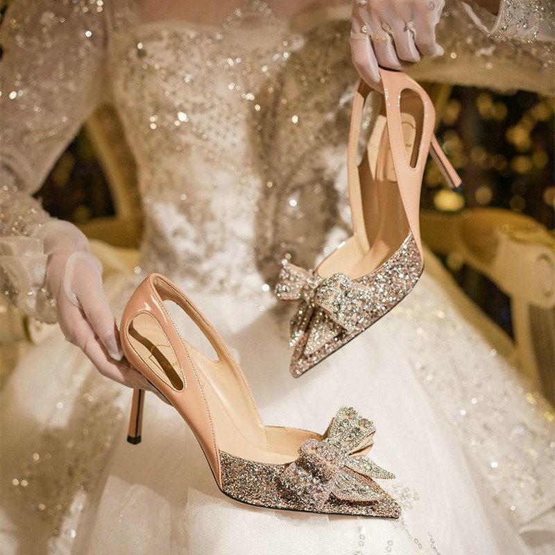 Fashion Sheepskin Single Shoes For Women 2025 All New Diamondedness Bow French High Heels For Women Stiletto Wedding Shoes