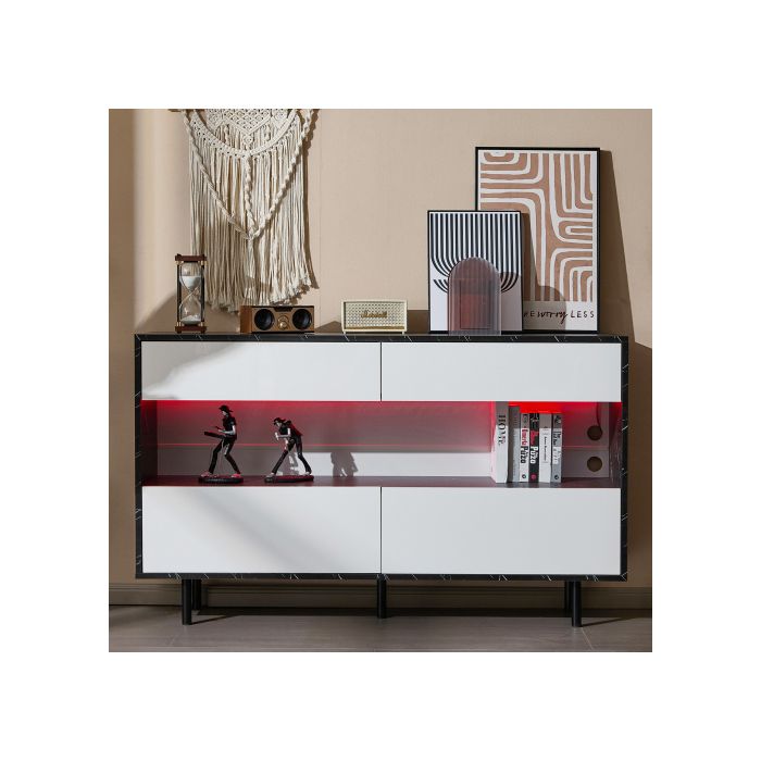 Buffet - MUVOE - 150x35x89,5 cm - Marbre noir - 4 tiroirs - Éclairage LED