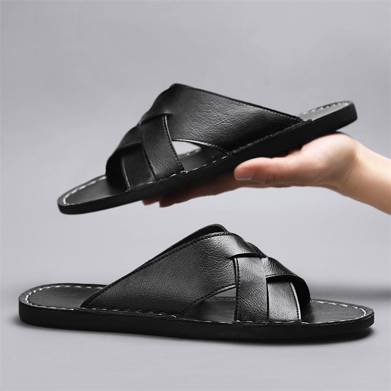 Fashion Outer Wear Male Slippers Non Slip Casual Half Drag for Men Summer Leather Casual Beach Shoes Quick Dry Wading Aqua Shoes Slides