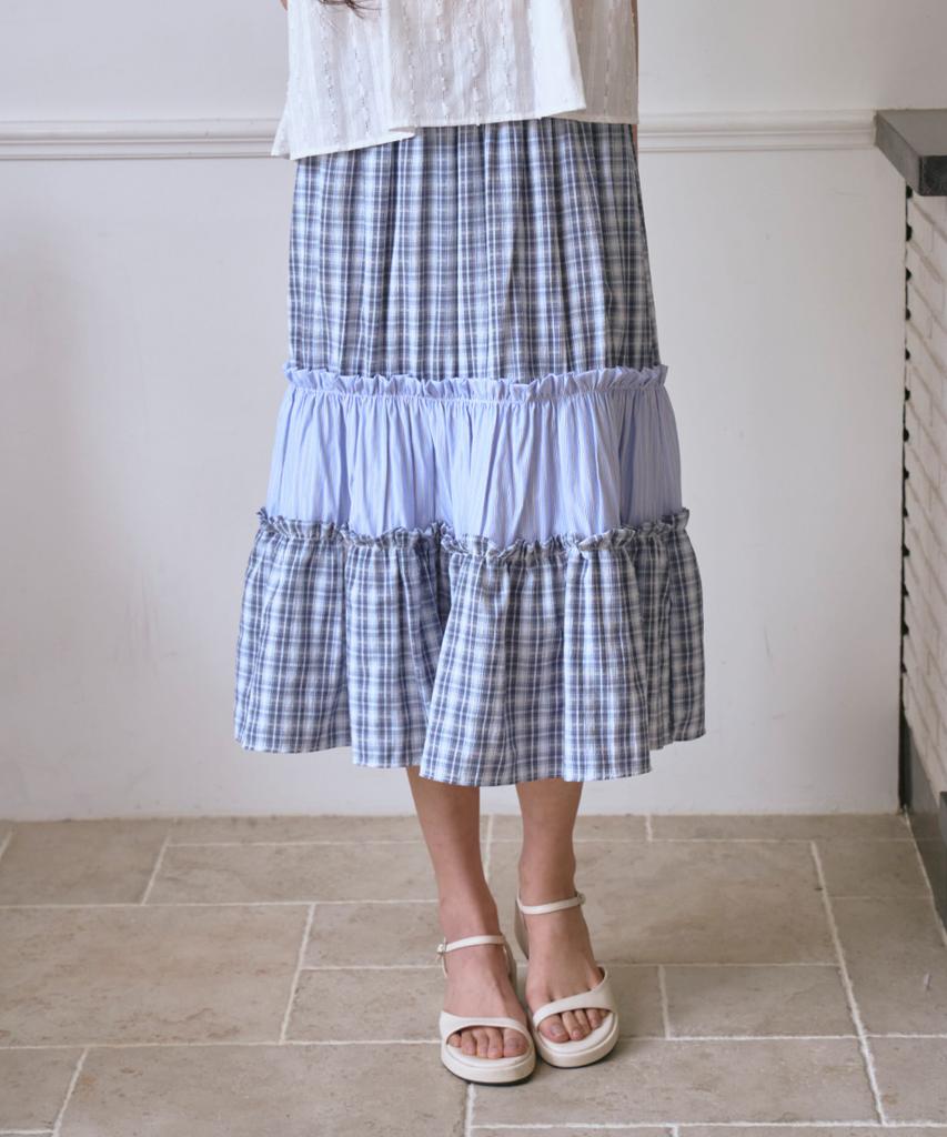 The Green Lab Vintage Tiered Check Skirt [Blue]