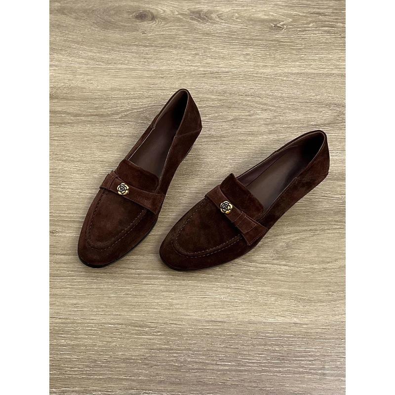 Sheepskin Version~ French Small Leather Shoes Genuine Leather Camellia Loafers Women's Round Head One Pedal Matte Medium Thick Heel Single Shoes