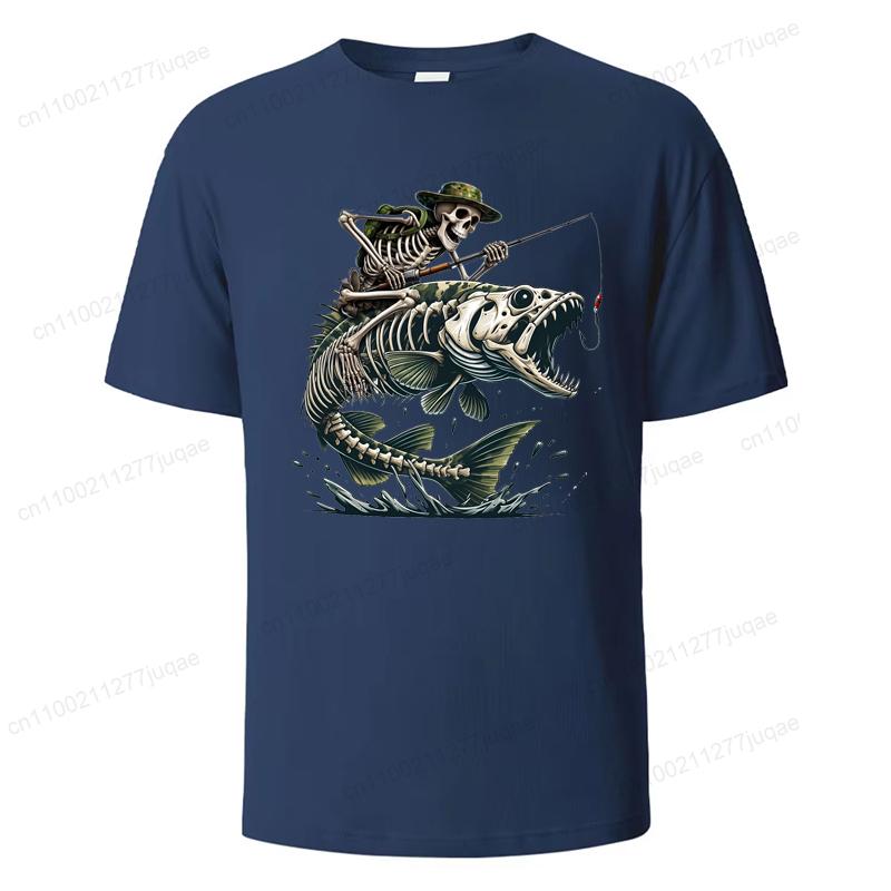 

Мужские летние футболки свободного размера с принтом рыбалки и охотника, повседневные, удобные, с круглым вырезом, с короткими рукавами, мужской топ с рыбьим скелетом 4XL