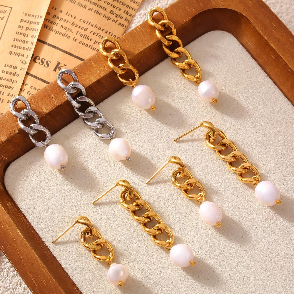 New Long And Short Chain Fringed Stud Earrings Elegant And Simple Temperament Titanium Steel Gold-Plated Freshwater Pearl Earrings