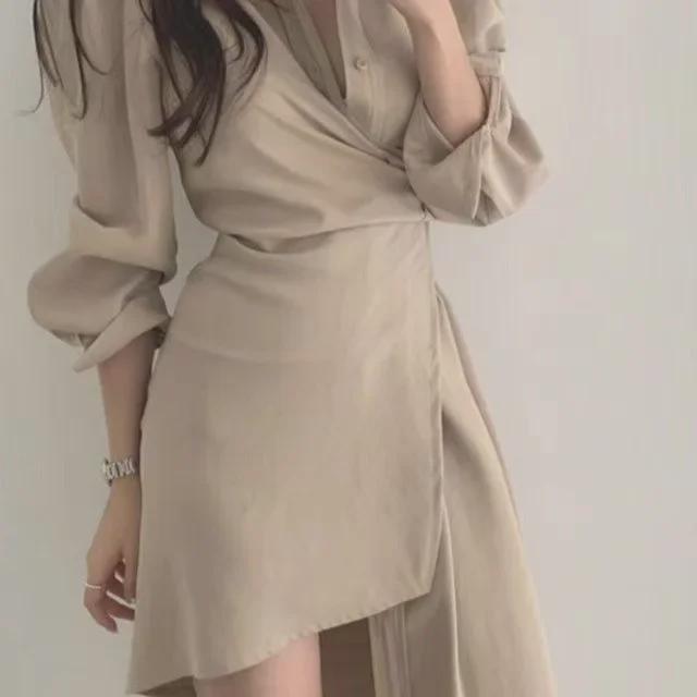 Niche French Slim Irregular Shirt Dress - Spring & Autumn, Waist-Slimming, Belly-Covering