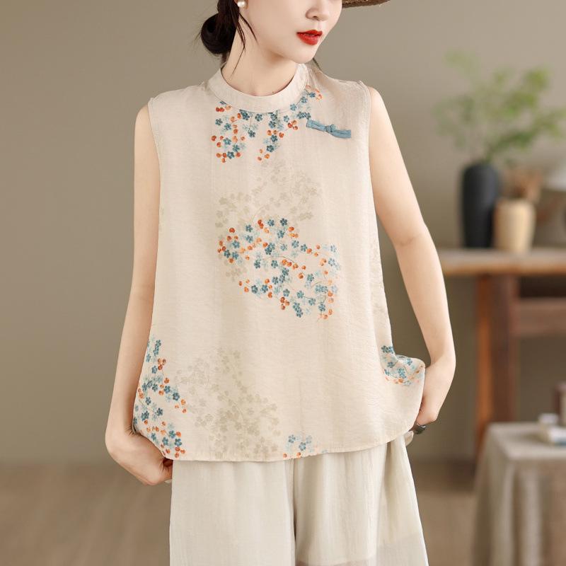 Women s 2026 Summer Chinese-Style Sleeveless Top & Wide-Leg Pants Set L