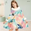 Girls Long Sleeve Faux Fur Collar Abstract Printed A Line Flared Dress With Waist Bow