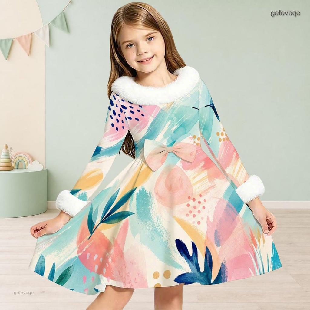 Girls Long Sleeve Faux Fur Collar Abstract Printed A Line Flared Dress With Waist Bow