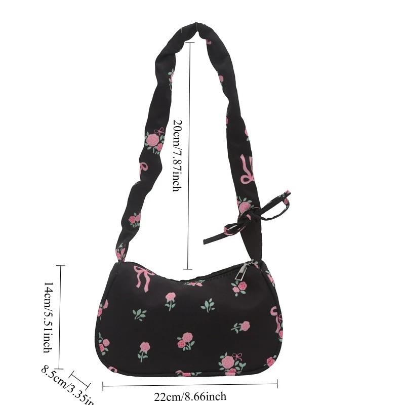 Women's Bags 2026 Summer Canvas Pleated Handbags Armpit Bag Korean Floral Bow Printed Zipper Tote Bag Female Small Shoulder Bag