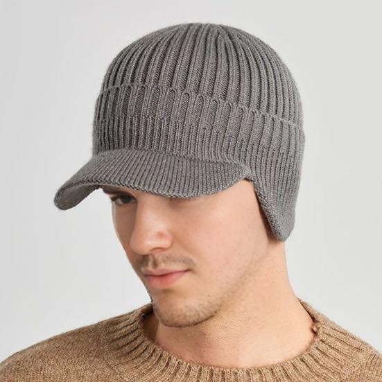 Men Knitted Hat Extended Brim Ear Protection Solid Color Knitting Hat Thickened Plush Lining Winter Warm Hat