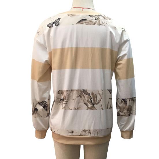 V-Ausschnitt Langarm Elastische Bündchen Pullover Sweatshirt Herbst Floral Gestreift Digital