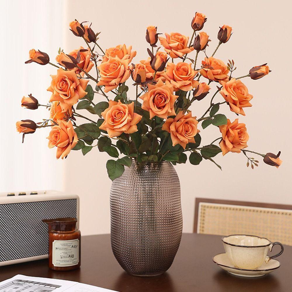 3 Head Simulation Rose Flower Luxury Fake Flowers Artificial Rose Branch  Outdoor Garden Decor