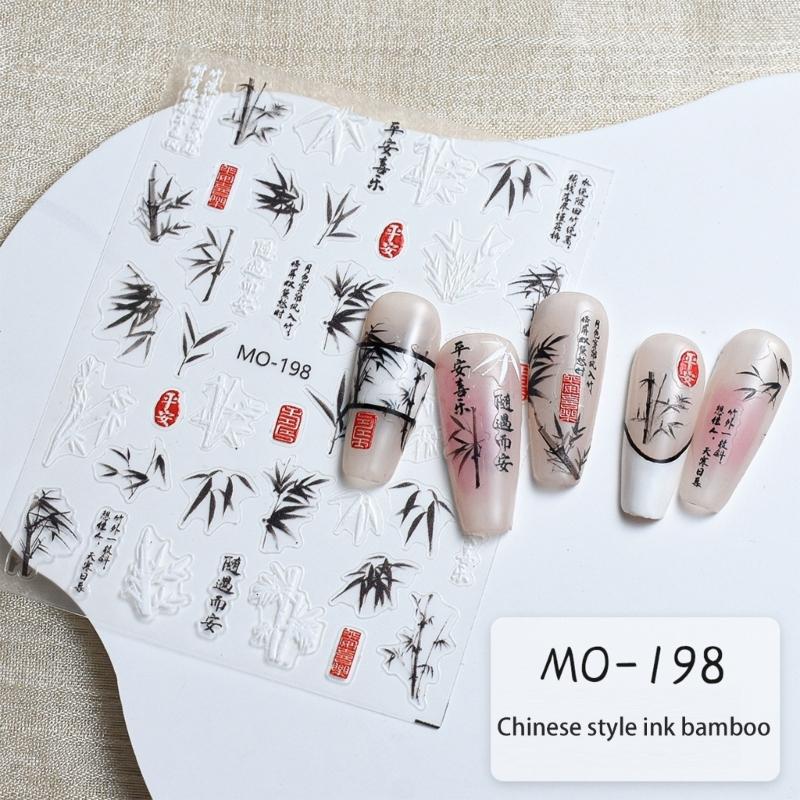 Chinese Style Nail Sticker Nail Decals Embossed Self Adhsive Sticker Chinese Bamboo for Women Girls DIY Nails Manicure