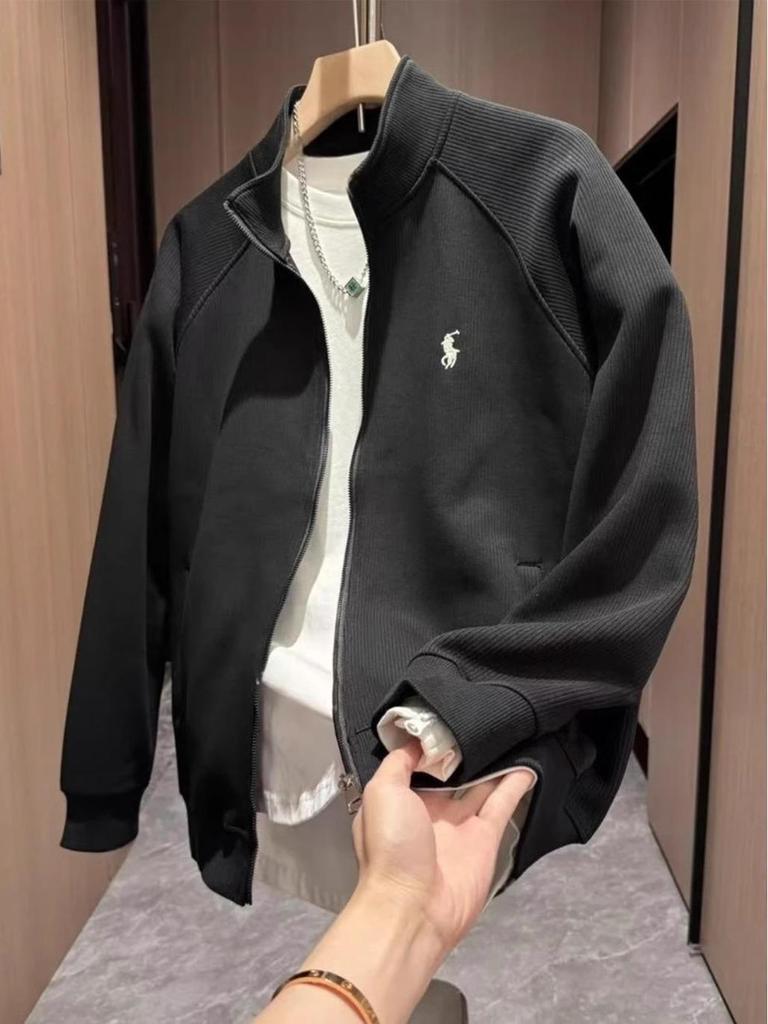 Men's Autumn Embroidered Textured Zipper Stand Collar Casual Cardigan Sweater
