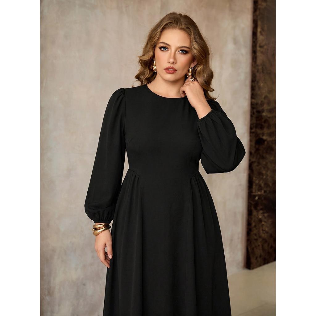 Plus-size Women's Business Casual Long Dress with Loose Balloon Sleeves, Cinched Waist, and Figure-hugging Design for A Flattering Drape Effect.
