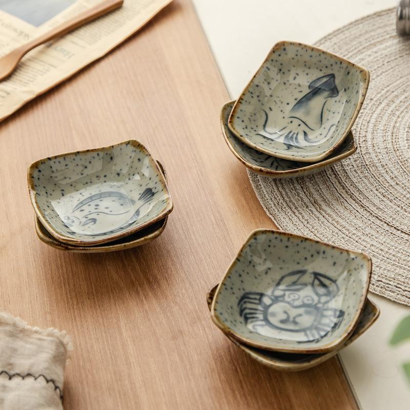 

Vintage Cartoon Ceramic Small Dishes Japanese Tableware Soy Sauce Dish Condiment Plate Home Use Underglaze Color