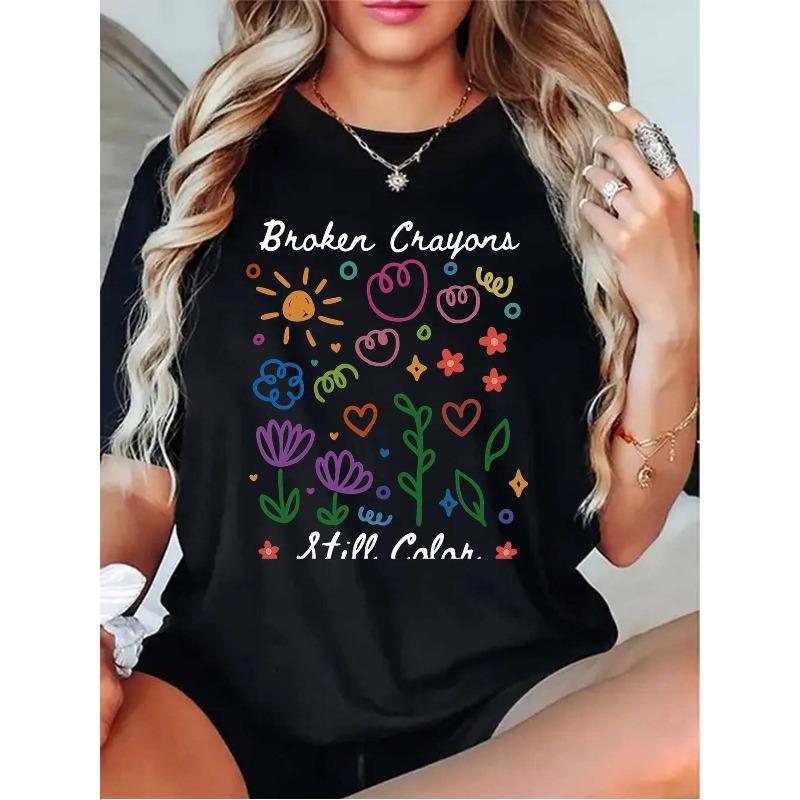 

Wo S Casual T-Shirt -Motivational Graphic Print with Colorful Crayon Design, Soft Round Neck, Short Sleeve, Black with Multicolor Crayons 4XL чорний