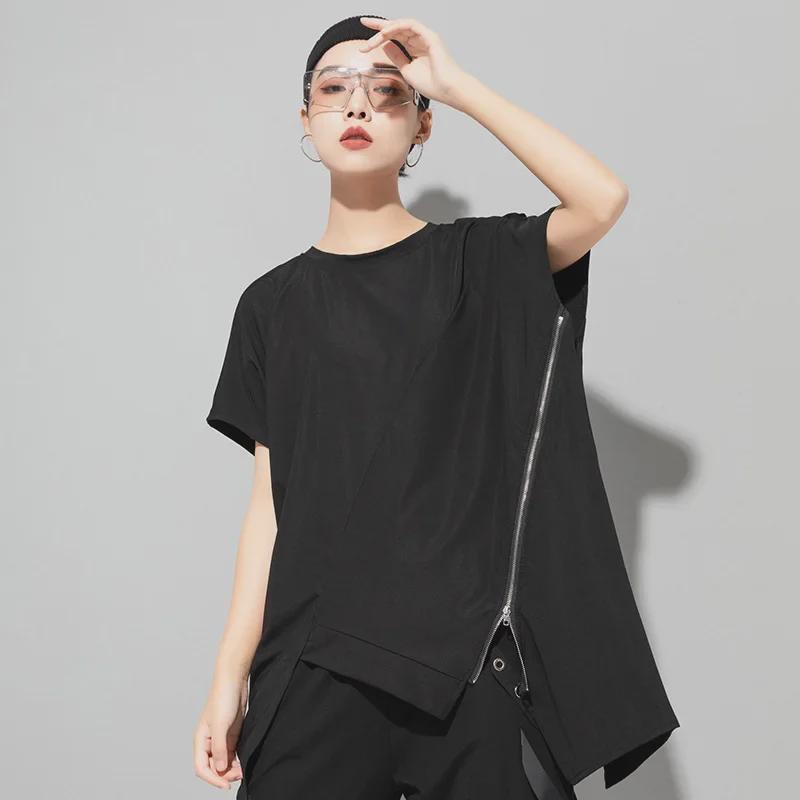 Summer Asymmetric Zipper Loose Round Neck Women's Fashion Pullover