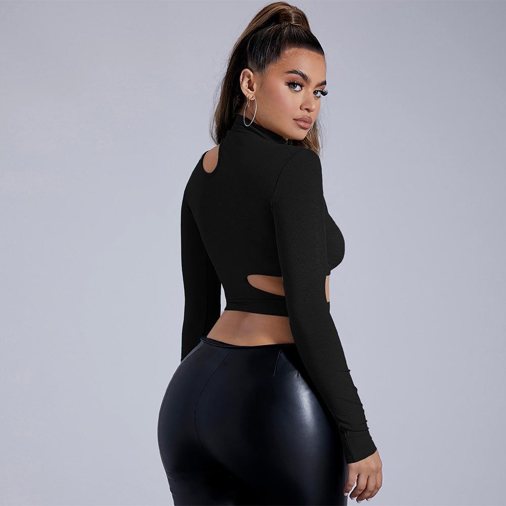 Women's 2024 Autumn/Winter Black Semi-High Neck Long-Sleeve Sexy T-Shirt