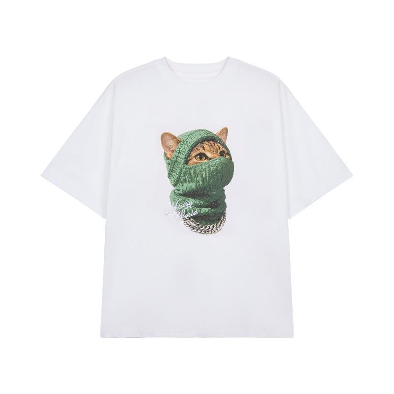 Face Mask Kitten Print Unisexs and Unisexs Tshirt American Personality Round Neck Short Sleeve Summer Couple Top All Match