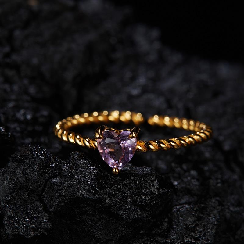 Personalized Simple Love Heart-Shaped Natural Color Treasure S925 Sterling Silver Ring Women'S Natural Garnet Topaz Open Ring