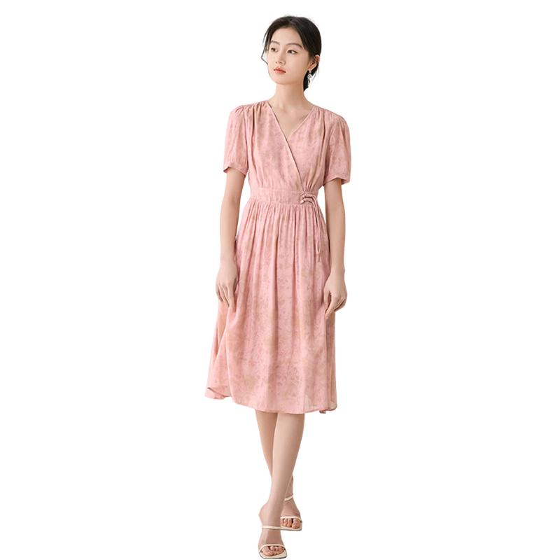 Xiangying Women s Pink V-Neck Puff Sleeve High-Waist Dress S