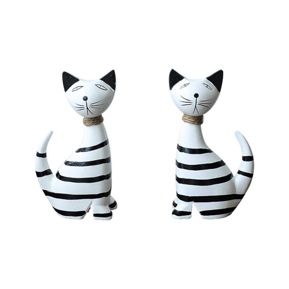 2pcs Modern Cat Statue Wooden Miniatures Figurine Desktop Ornament Animal Sculpture  Car