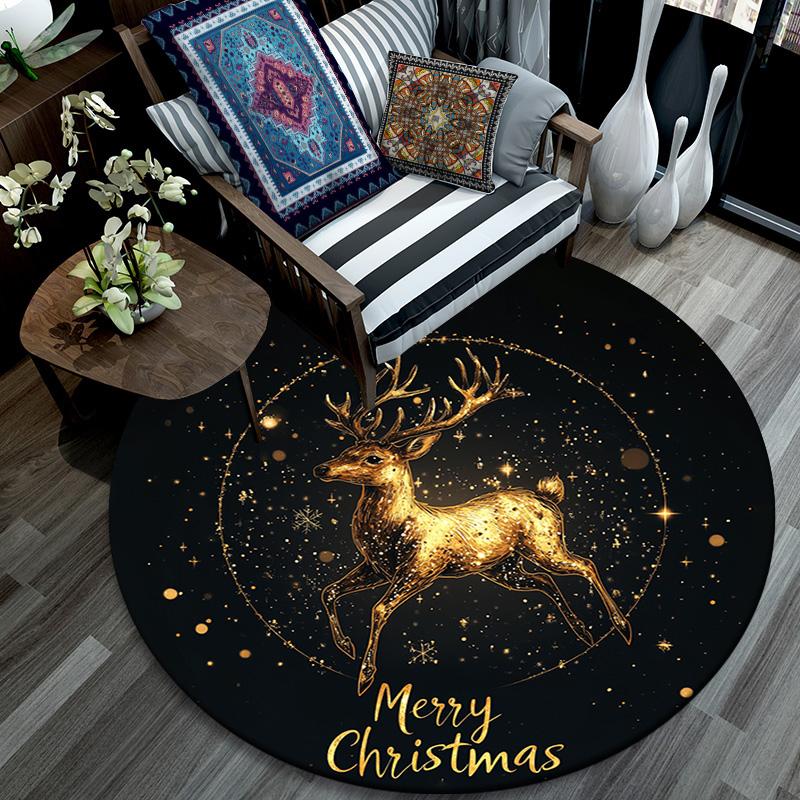 Golden Deer Round Area Rug,Carpet Rug for Living Room Bedroom Sofa Playroom Decor,Non-slip Floor Mat