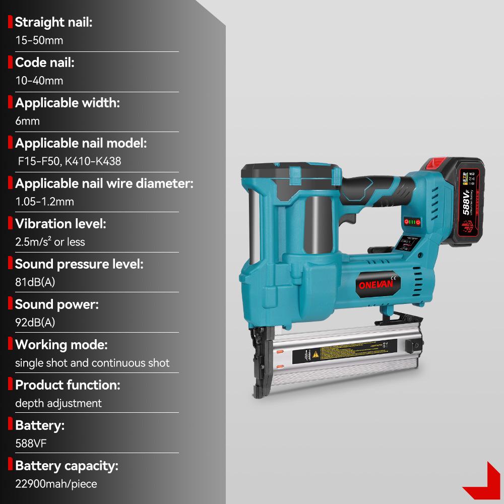 ONEVAN Bürstenloser elektrischer 2-in-1-Nagler/Hefter F15-50 K410-438 Akku-Nagelpistole mit 4 Nagelmodi für 21-V-18-V-Akku