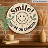 2D Flat, 1pc Round Aluminum Hanging Sign, "Smile You're On Camera" Cute Smiley Face & Leaf Design, Retro Warm Security Warning Metal Sign, Perfect