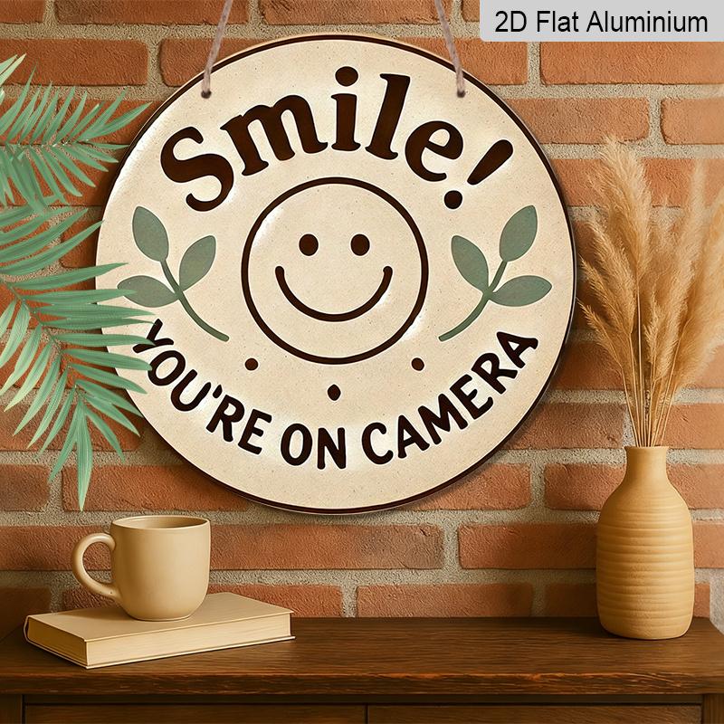 2D Flat, 1pc Round Aluminum Hanging Sign, "Smile You're On Camera" Cute Smiley Face & Leaf Design, Retro Warm Security Warning Metal Sign, Perfect