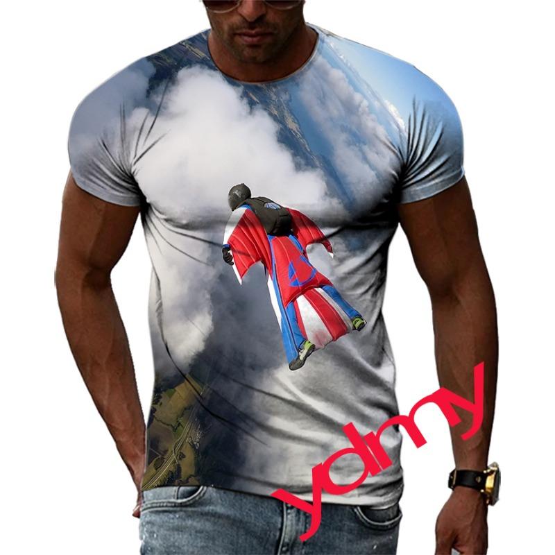 Tide Fashion Summe Parachute Picture Men's T-shirt Casual Print Tees Hip Hop Personality Round Neck Short Sleev Tops